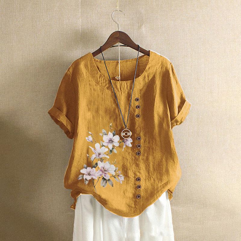 Bavlněné a lněné dámské letní volnočasové volné tričko s krátkým rukávem nadměrné velikosti bavlněné a lněné dámské oblečení