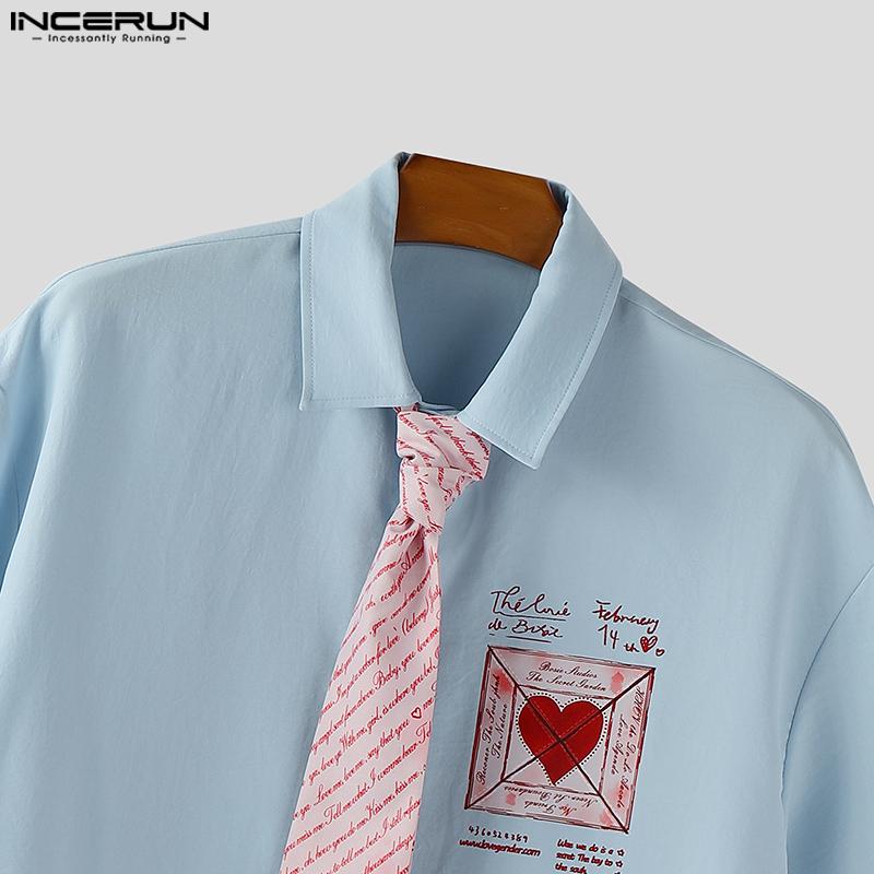INCERUN Oversized Men Casual Lapel Tie Neck Short Sleeve Print Shirts Tops