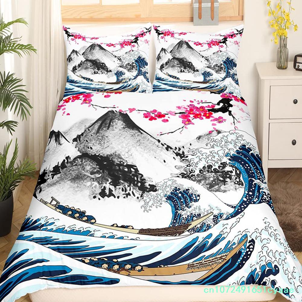 Japanese Ukiyo-e King Queen Duvet Cover Golden Fish Hokusai Bedding Set Crane Wave Quilt Cover Red Sun Polyester Comforter Cover
