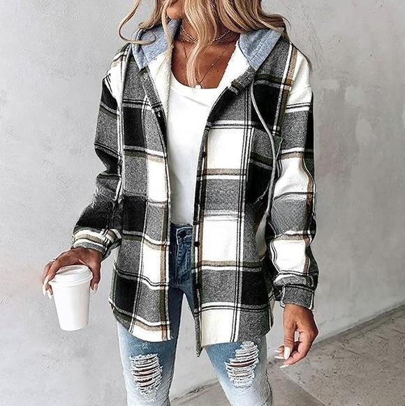 

Женская клетчатая куртка с капюшоном Уютное зимнее пальто, Повседневная теплая верхняя одежда для осени и зимы M прохладный черный