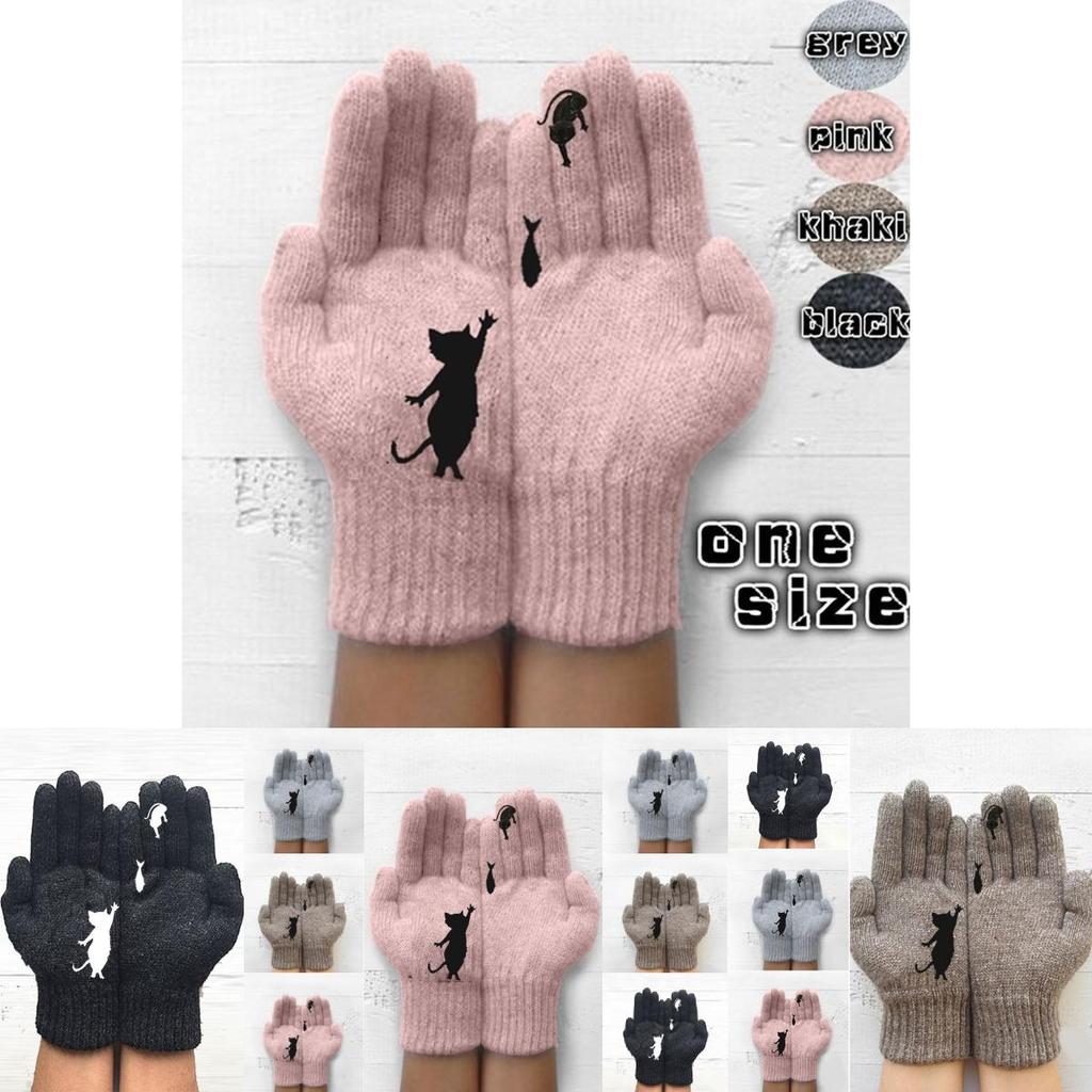 Damen Modische Strickhandschuhe mit Katzen- und Fischdruck mit warmen Fäustlingen für volle Finger