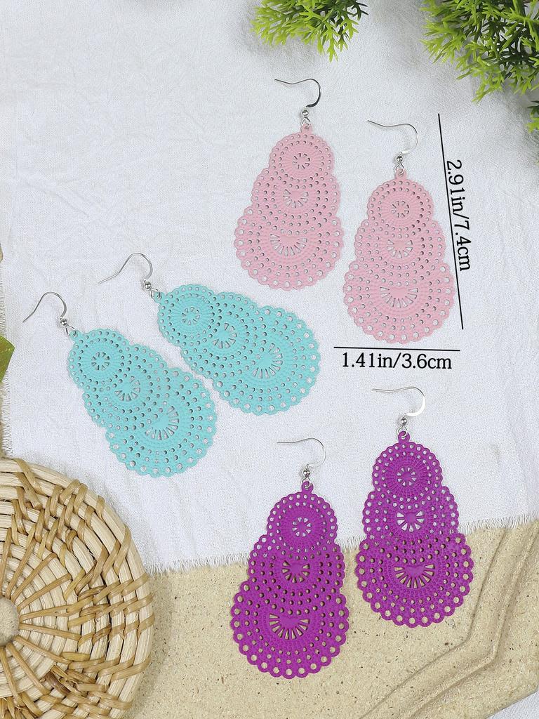 3 Paare Bunte Geometrische Hohle Hängeohrringe Für Damen Böhmischer Urlaub Zirkone Dating Geschenk