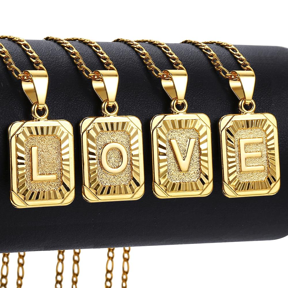 Stylish 26 Letters Square Charm Necklaces Stylish Jewelry Choker Figaro Link Chain Gold Color Tone Length Adjustable Voguish Souvenir Present