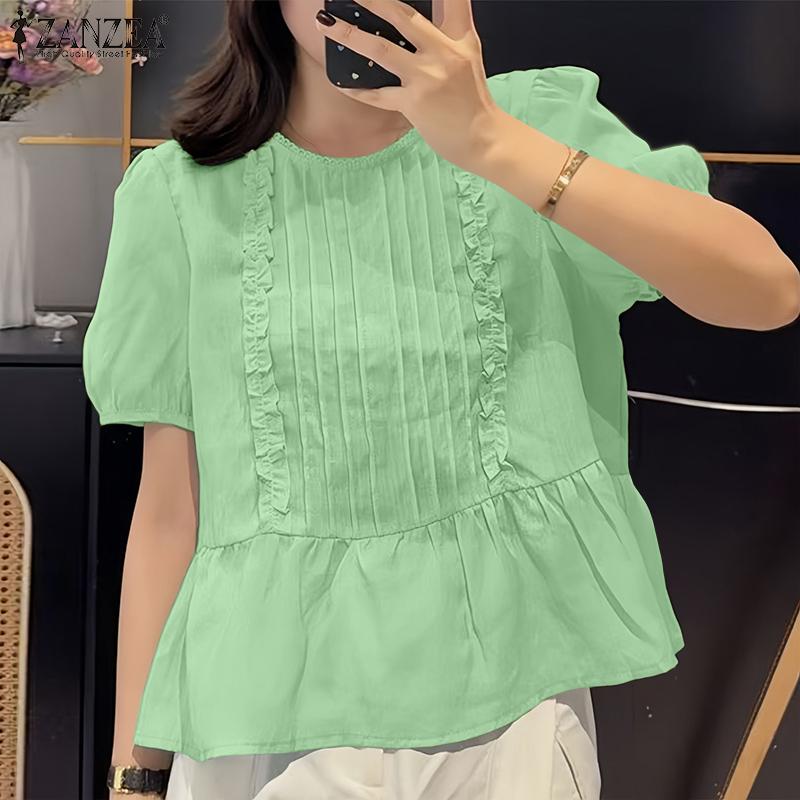 ZANZEA Dame Casual Rund Hals Løs Sommer Kort Erm Bluse
