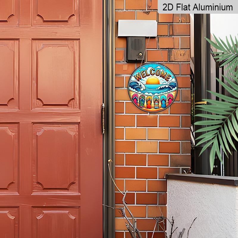 2D Flat Summer Beach "Welcome" Aluminum Decorative Signs and Plaques in Various Sizes. Flip-flop Summer Wave Pattern Wall Decorations Suitable for
