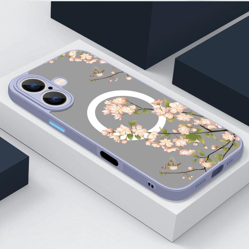 Magnetic Pink Flowers Case For iPhone 14 16 15 Pro Max 14 13 12 Pro 11 For Magsafe Wireless Charge Soft Edge Acrylic Phone Cover
