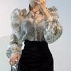 Women’s Retro Floral Puff Sleeve Polo Blouse