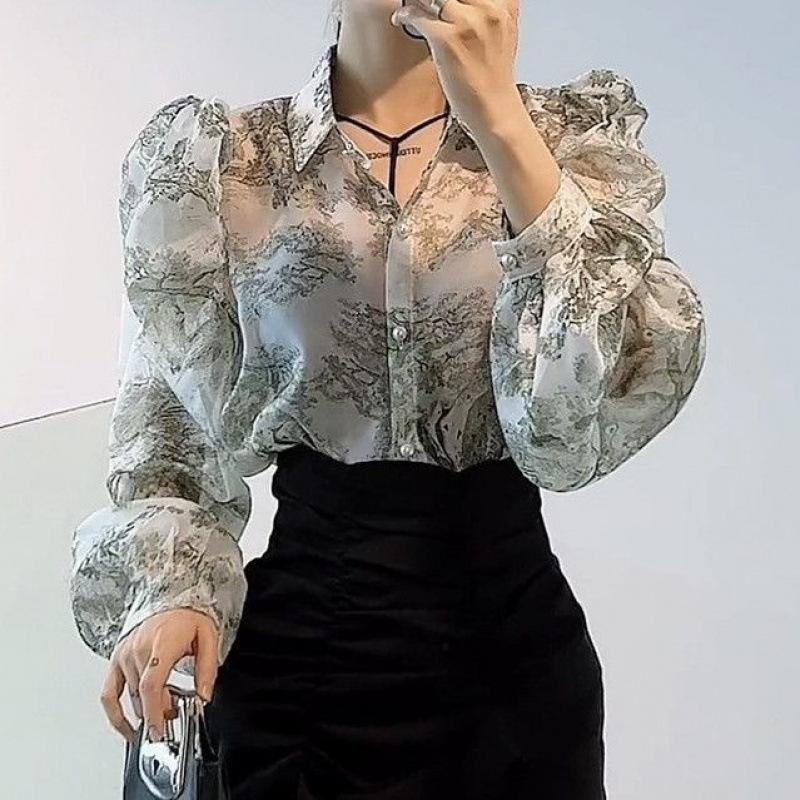 Women’s Retro Floral Puff Sleeve Polo Blouse