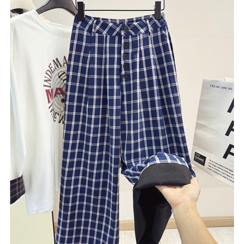 Plaid Pants Otaku Women's Same Casual Pants Loose Wide-leg Pants Women's Autumn and Winter Lazy and Thin Plaid Wide-leg Pants Trousers