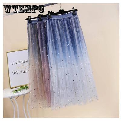 Spring Summer Skirts Women Long Tulle Skirt Sequined Pleated A Line Midi Skirt Chic High Waist Skirt