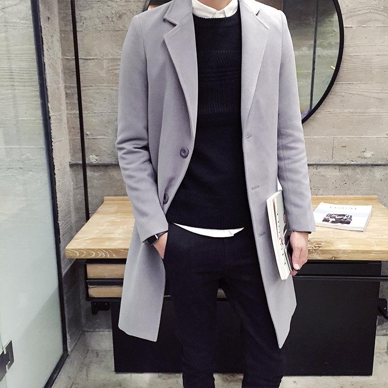 Men's Slim Fit Wool Trench Coat - Korean Style Mid-Length, Plus Size, Trendy British Design