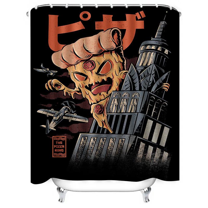 Pizza Planet Shower Curtain Retro Space Monster Design for Bathroom Decoration Black Color Fabric with Hooks Included (75x72in)