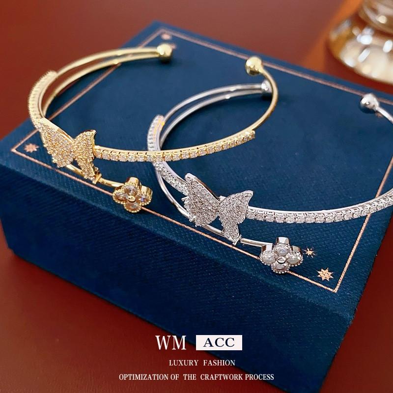 Elegant Double-Layer Open Cuff Bracelet With Zircon Butterfly Floral Design Women Gold Tone Copper Alloy Jewelry