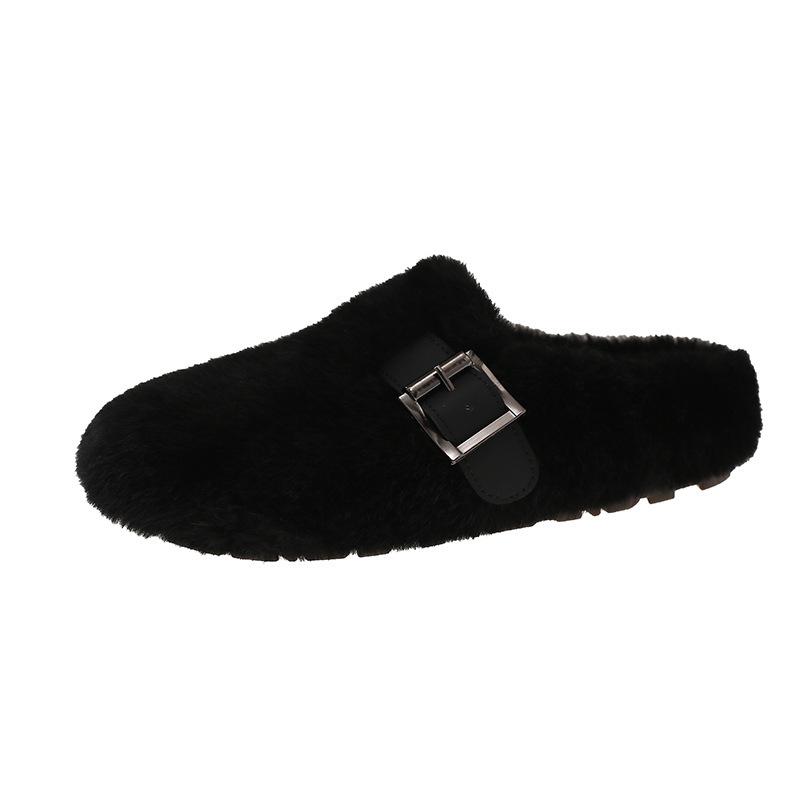 French Flat-bottomed Fluffy Slippers for Women's Outer Wear 2025 Autumn and Winter New Models Are Great-looking, One Pedal, Velvet Mary Jane Cotton Mo