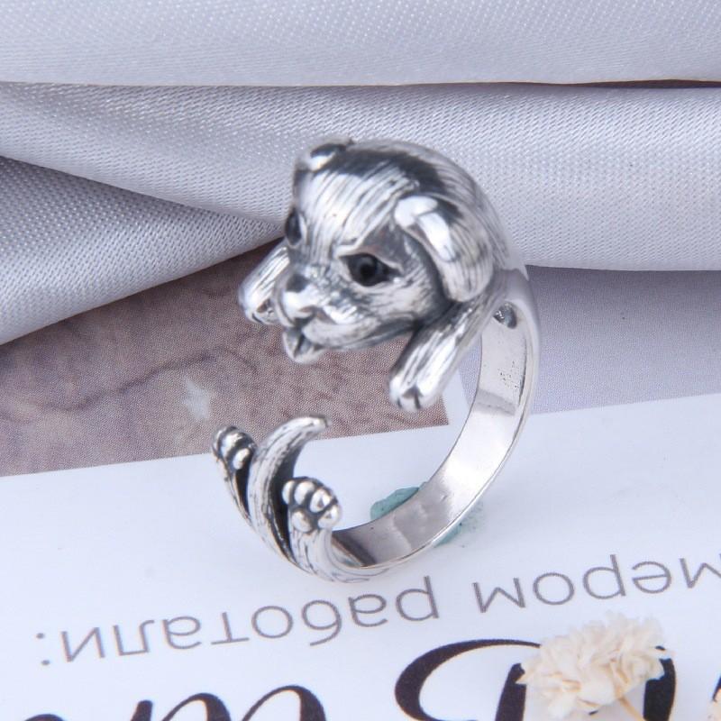 Adjustable Open Ring With Cute Tongue-Out Dog Charm Retro Vintage Plated Animal Jewelry Women Men