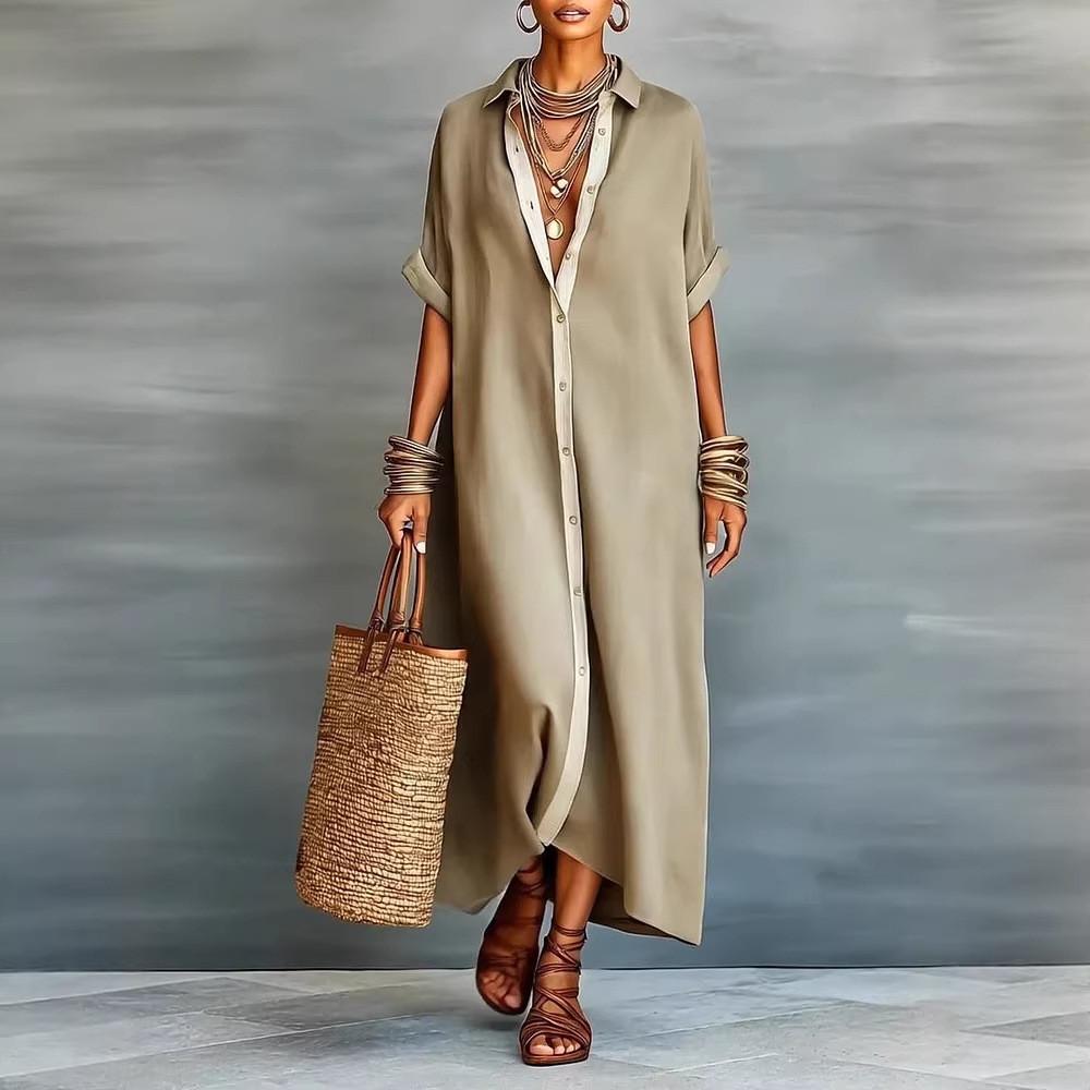 Spring Female Collared Cotton Linen Dress With Zipper For Travel And Office