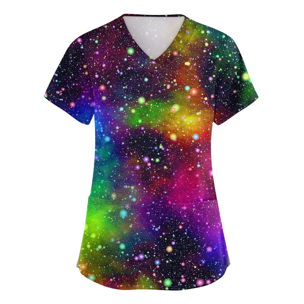 Women's V-neck Cartoon Printed Short-sleeved Pocket Side-slit Protective Suit Top