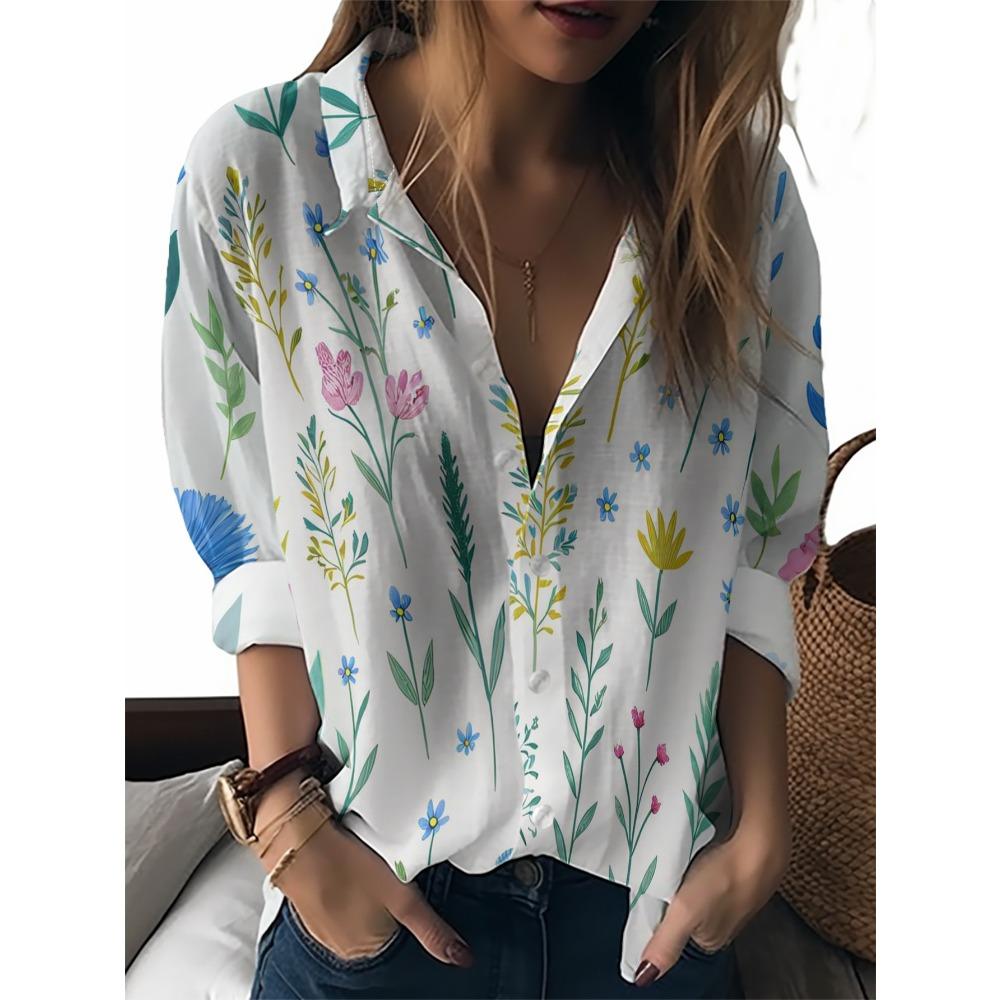 Summer Minimalist Shirt with Floral Digital Print Button Up Shirt Top for Women's Hawaiian Beach Vacation Casual Shirt
