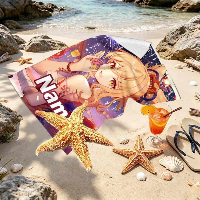 Custom Name Personalized Genshin Impact Print Beach Towel, for Trip Camping Beach Party Home Decor, Birthday Gift for Family & Friends