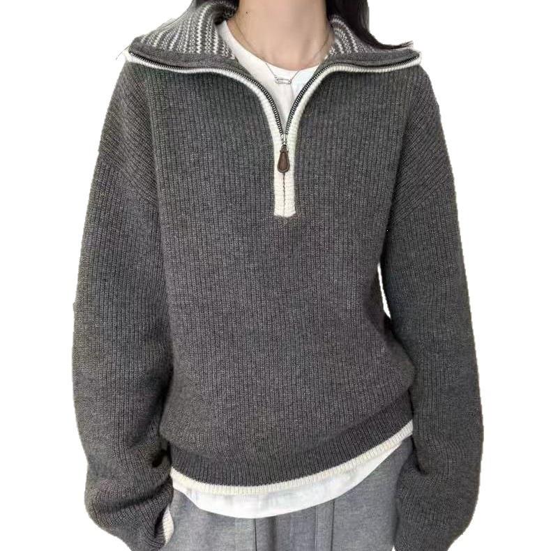 Women's Korean Style Color Block Wool Sweater - Loose Fit Half-Zip Knitwear for Autumn/Winter