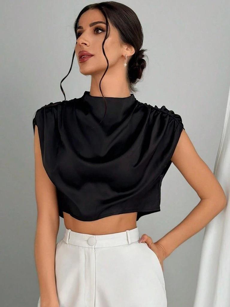 Cross-Border Hot Selling Women's Pleated Satin Shirt - Spring/Summer Imitation Silk Short Top