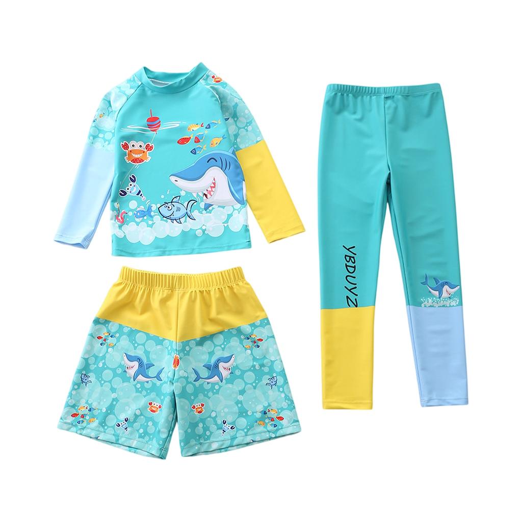 Dreiteiliges Jungen-Badebekleidungsset Langarm-Rashguard Badeshirt Badeshorts und Badehosen Cartoon-Print Leicht Schnelltrocknend