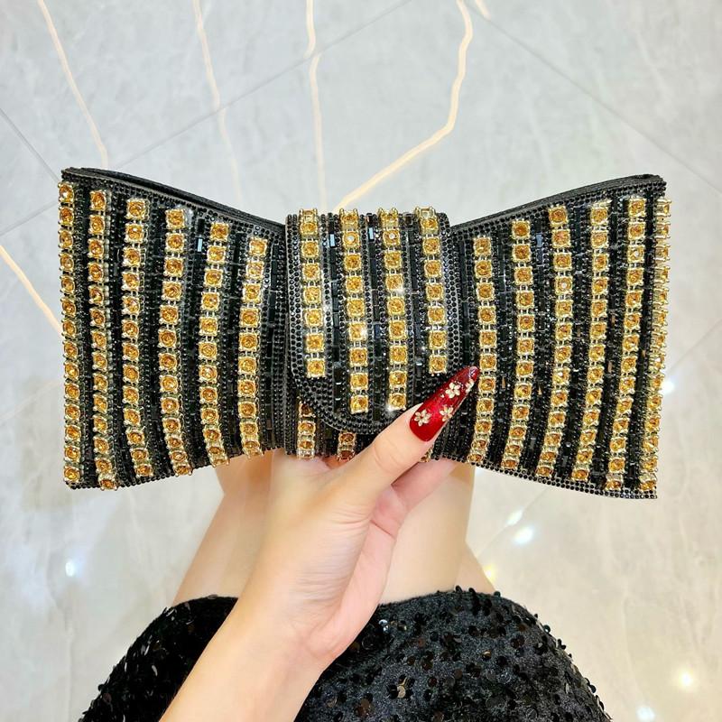 2025 Luxury Premium Full Color Big Diamonds Evening Clutch Bag Ladies Rhinestone Bow Shape Handbag Wedding Party Shoulder Bag