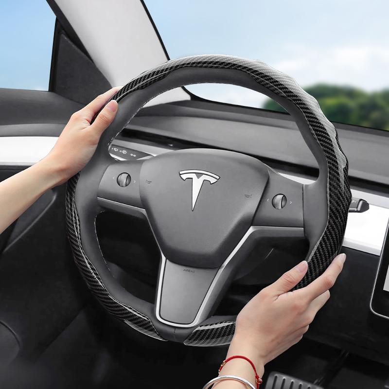 Suitable for Tesla Carbon Fiber Texture Steering Wheel Cover, Snap-On Wave-Shaped Sporty Design, Durable Protective Case Suitable for Model 3 Y S X