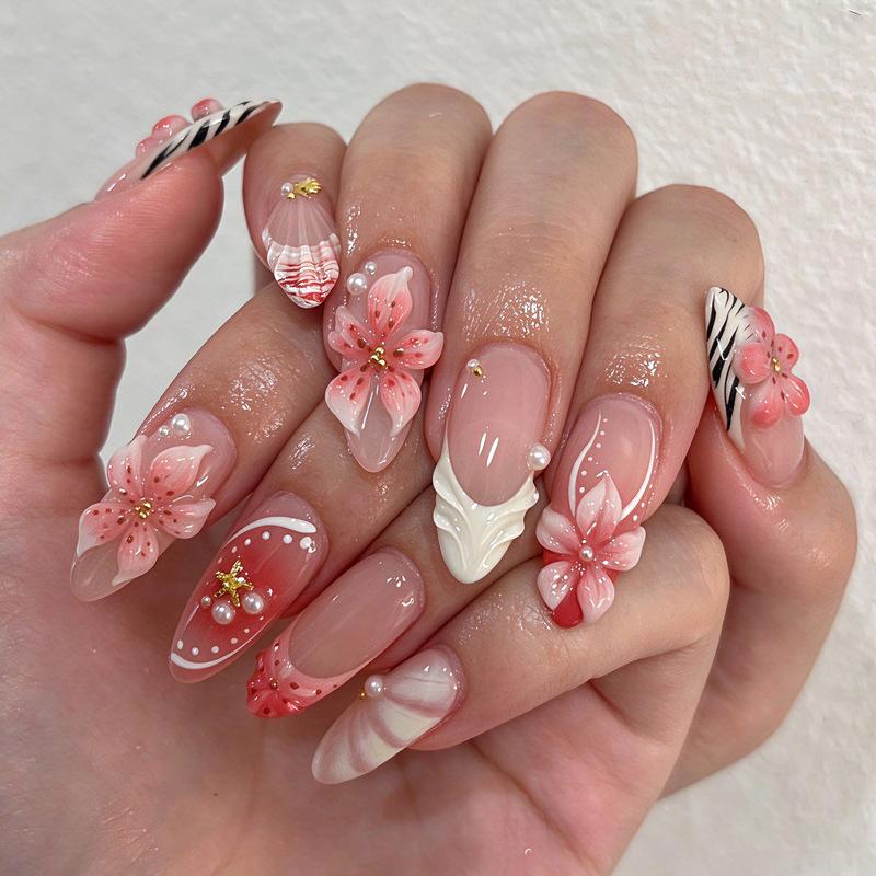 Rhinestone Inlaid Press On False Nails 24Pcs 3D Pink Flower Almond Fake Nails for Bridesmaid Wedding Event