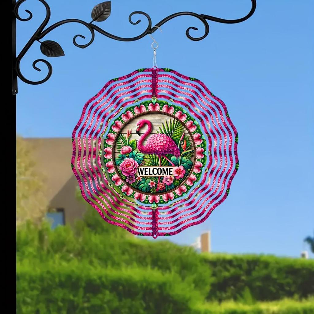 Vibrant Flamingo Wind Spinner 10 Inch 2D Kinetic Metal Hanging Ornament with Colorful Feather Design Welcome Text for Garden Yard Decor