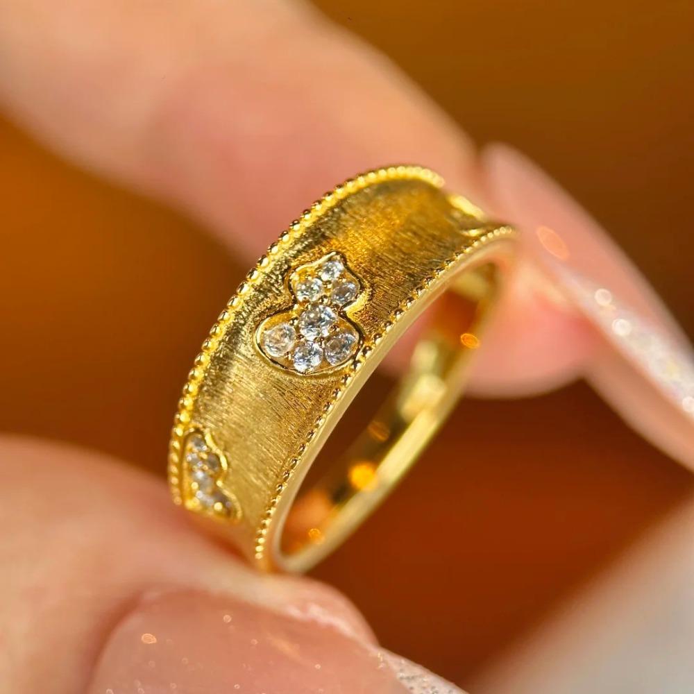 Open Ring Gold Plated Gourd Design with Beaded Edge Diamond Engraved Chinese Style Women Fashion Jewelry adjustable