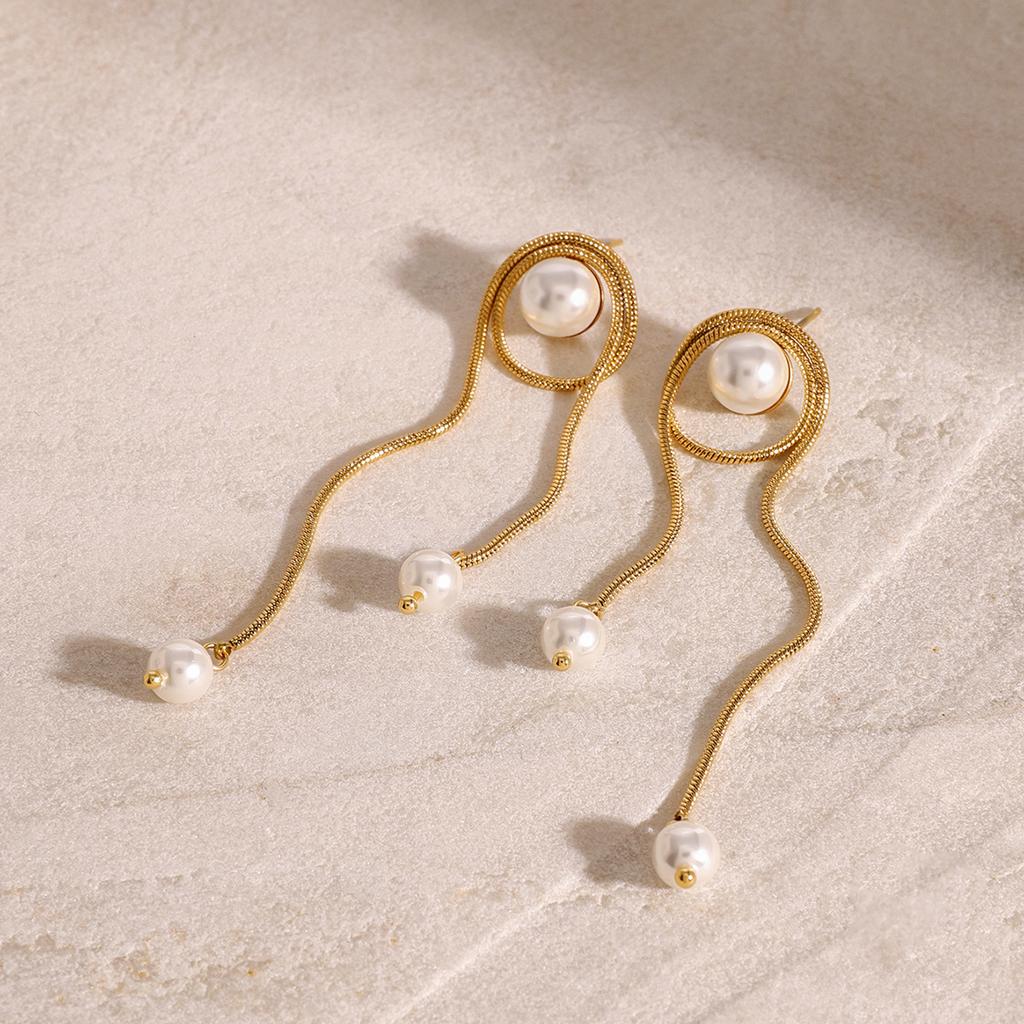 Yori Exquisite Pearl Smooth Stainless Steel Snake Chain Tassel Stud Earrings Gold Color Charm Basic Fashion Jewelry New
