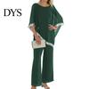Summer Daily Loose Outfit 2 Pcs/Set Women Top Pants Set Dolman Sleeves Irregular Sequin Hem O Neck Blouse Solid Color Wide Leg Trousers Suit