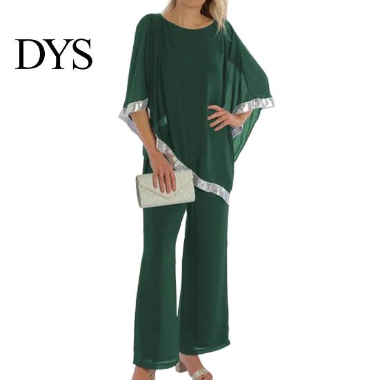 Summer Daily Loose Outfit 2 Pcs/Set Women Top Pants Set Dolman Sleeves Irregular Sequin Hem O Neck Blouse Solid Color Wide Leg Trousers Suit