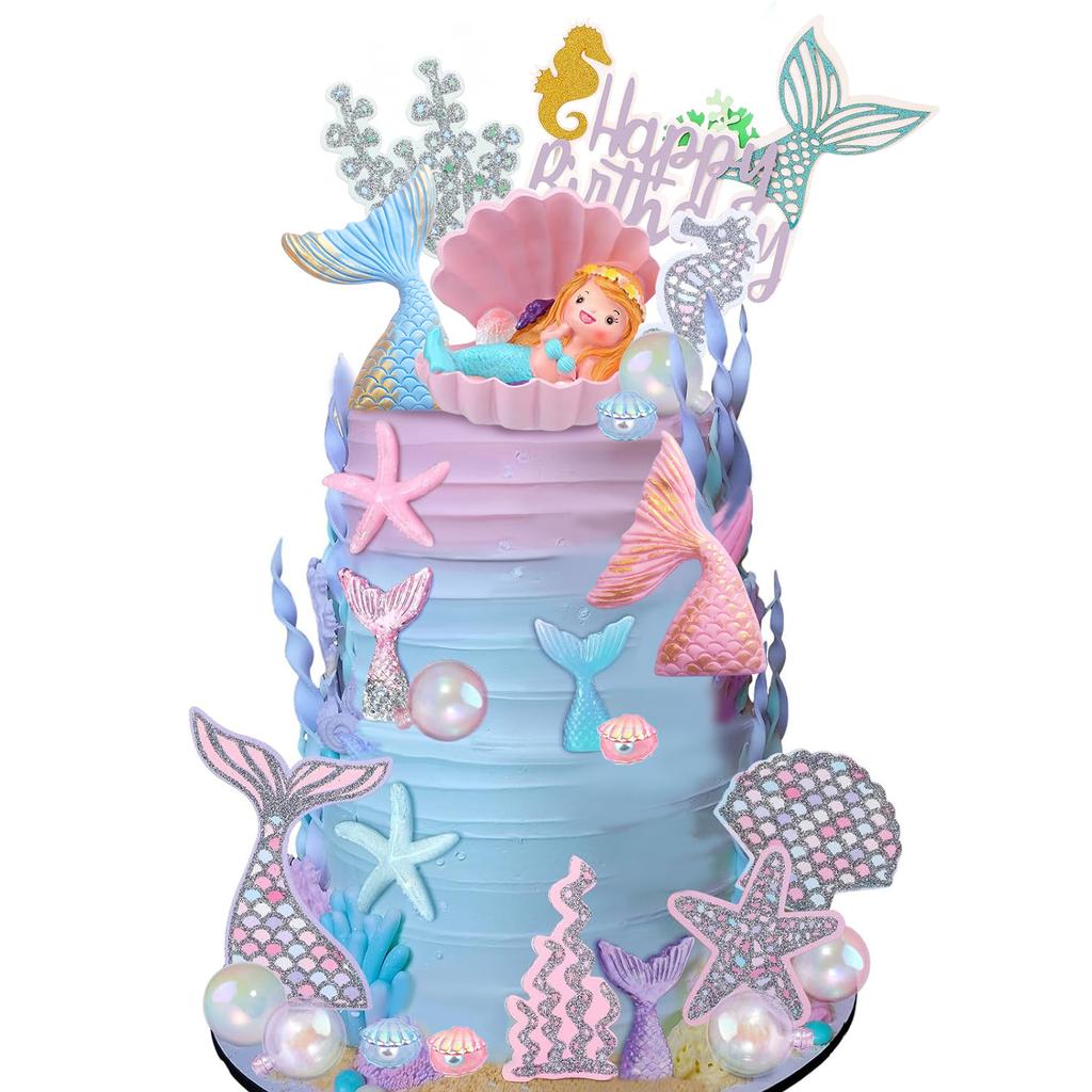 The Sea Cake Toppers Set with Little Resin 3D Mermaid Seaweed Bubble Starfish Shell Mermaid Tail Cupcake Picks