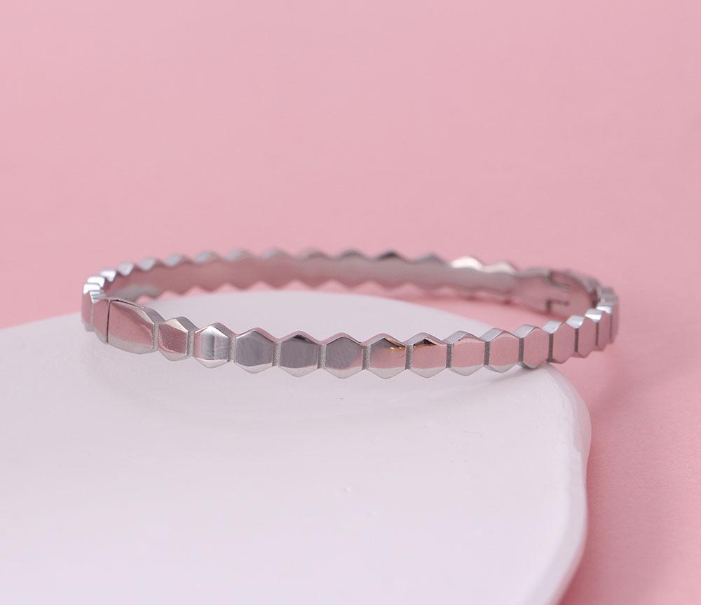 European Geometric Honeycomb Open Women's Stainless Steel Bracelet with Inlaid Rhinestones