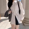 Women's Casual White Cotton Long-Sleeve Shirt - Korean Style, Medium-Length