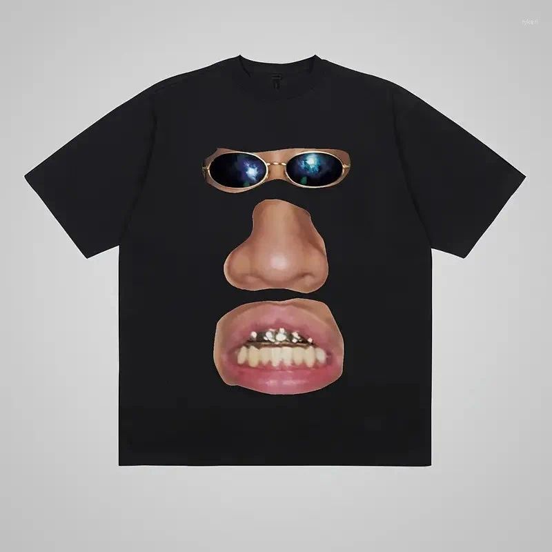 

2026 New Y2K Style Fun Face Print Black Roundneck Tshirt Hiphop Style for Both Unisexs and Women Summer Clothing T Shirt S