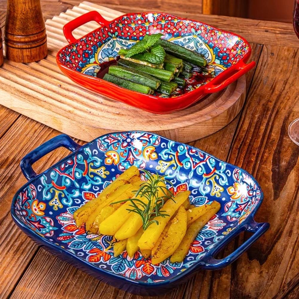 1 Piece of 9-inch Bohemian Style Salad Plate with Double Ear Ceramic Pasta Dish, Can Be Used for Oven, Microwave