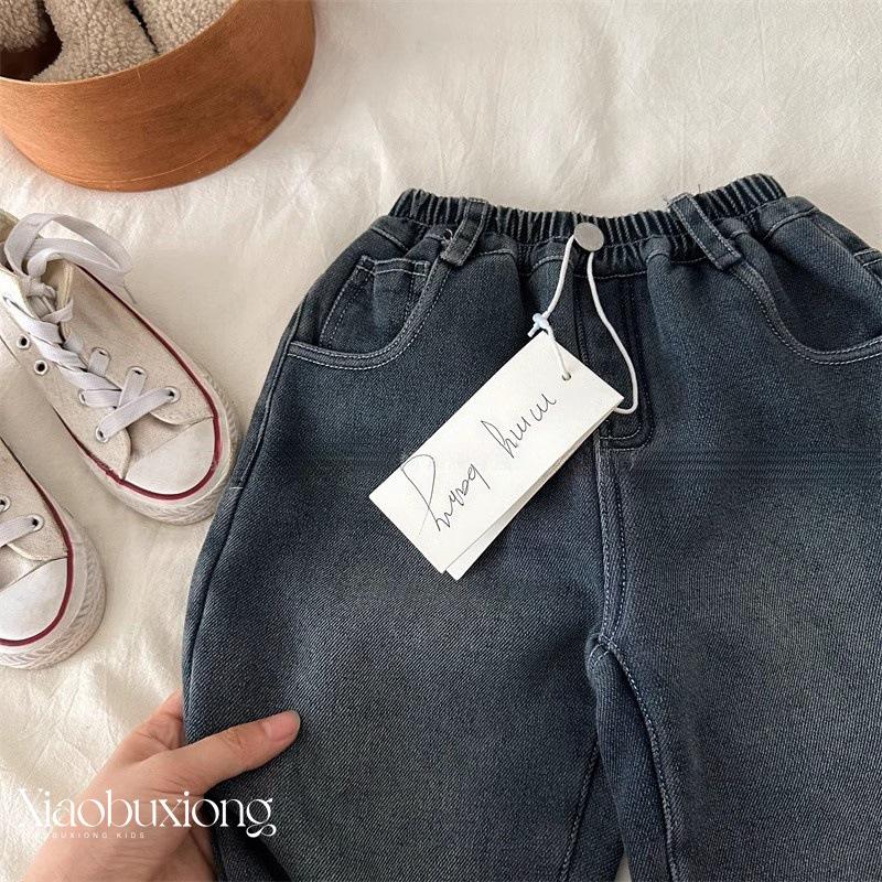 Kids Fleece-Lined Denim Pants with Cute Bear Print for Boys and Girls