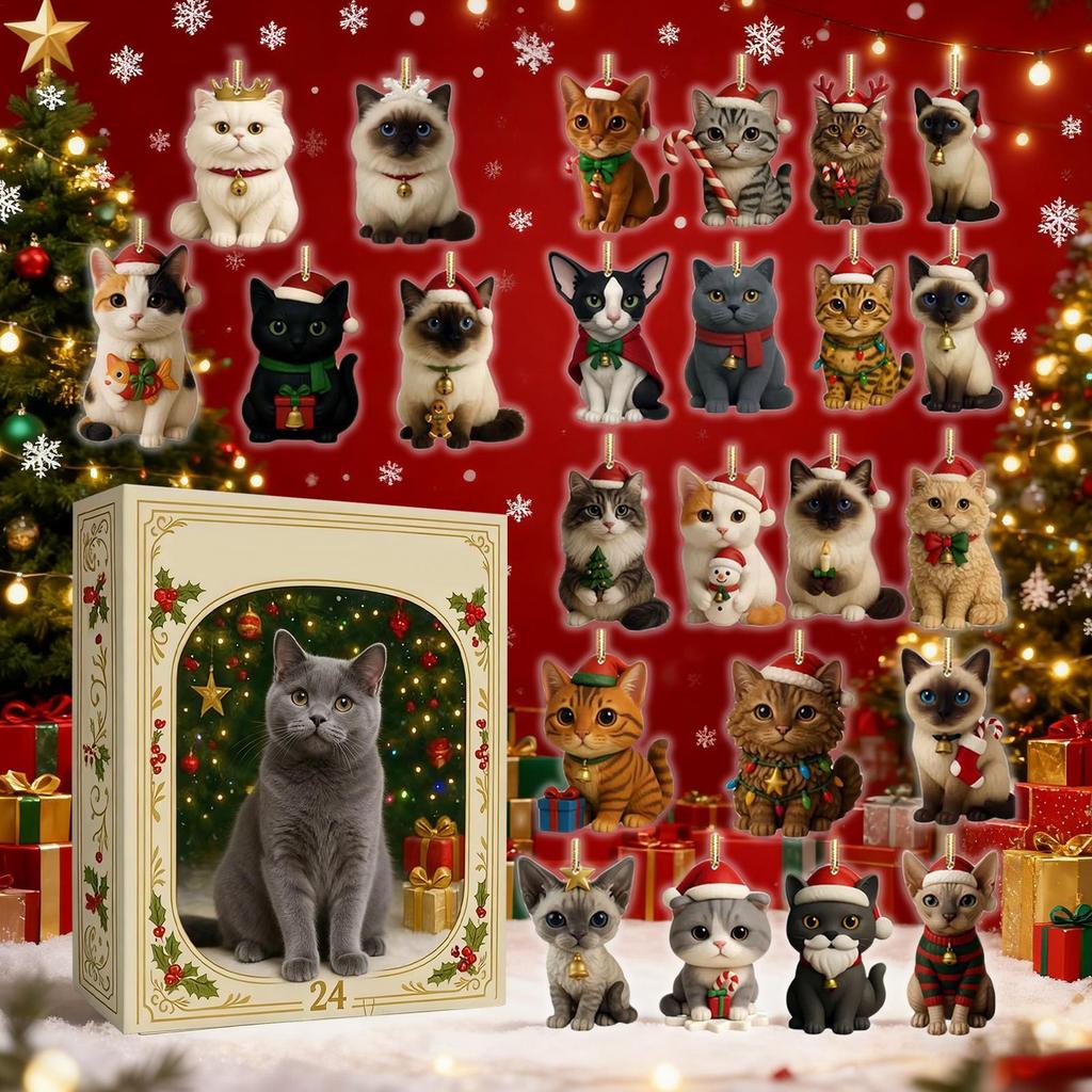 24Pcs 2D Acrylic Cute Kitten Advent Calendar 24 Days Christmas Countdown Xmas Tree Decor Advent Calendar for Cat Lovers Gifts