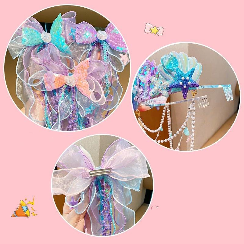 Super Fairy Mermaid Hairband Children's Crown Headwear Girl's Pearl Tassel Forehead Chain Little Girl Butterfly Knot Hair Clip