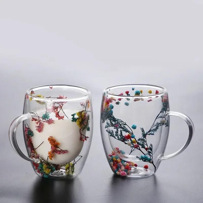Sušená květina Dvojstěnná Sklenice z Čirého Skla Hrnky na Kávu Dvojitá Izolovaná Sklenice na Horké Studené Nápoje Šálek na Cappuccino Latte Espresso