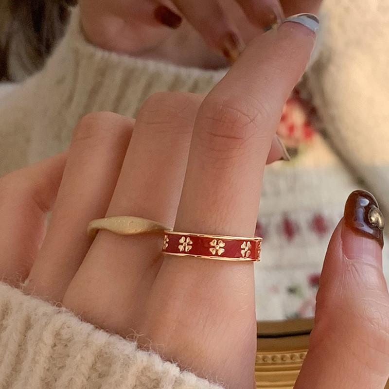 Elegant Floral Copper Ring For Women With Adjustable Open Design In Red Color For 2023 Trendy Style