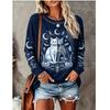 Women Halloween Long Sleeve T‑Shirt Black Cat Skeleton Moon Star Pumpkin Gothic Print Crew Neck Tops