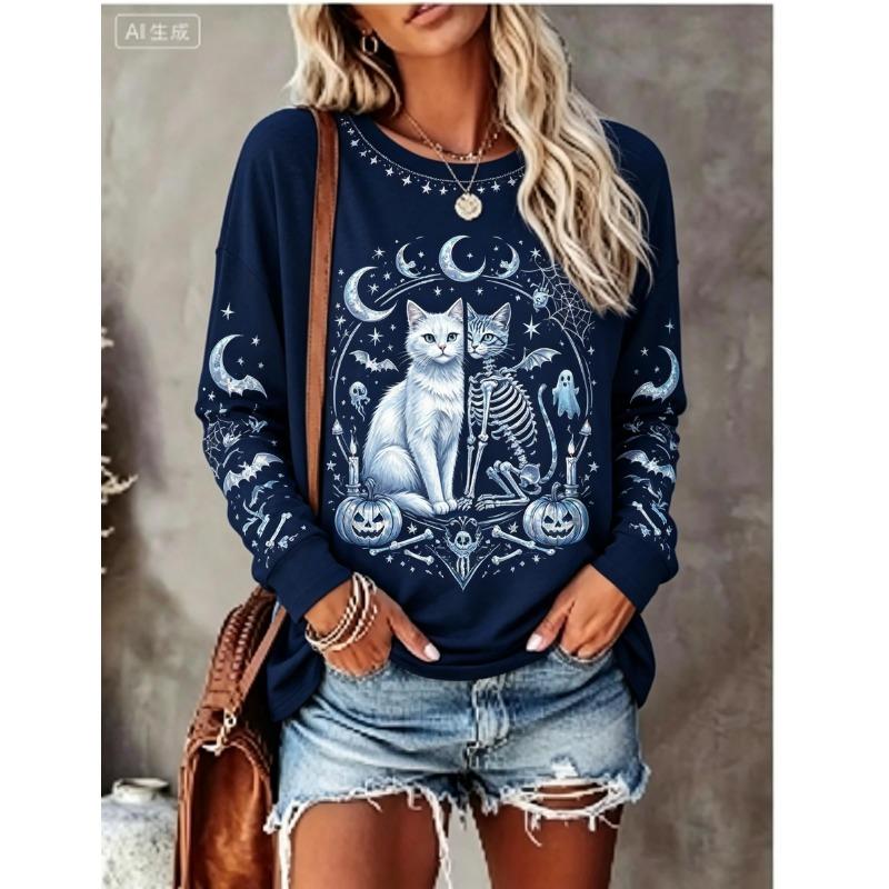 Women Halloween Long Sleeve T‑Shirt Black Cat Skeleton Moon Star Pumpkin Gothic Print Crew Neck Tops