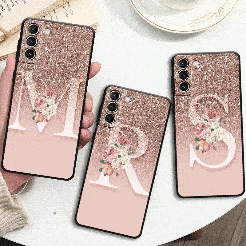 Letter Pink Shiny M R Case For Samsung Galaxy S24 S23 S22 Ultra S20 FE S21 S10 Note 20 10 Plus Phone Cover