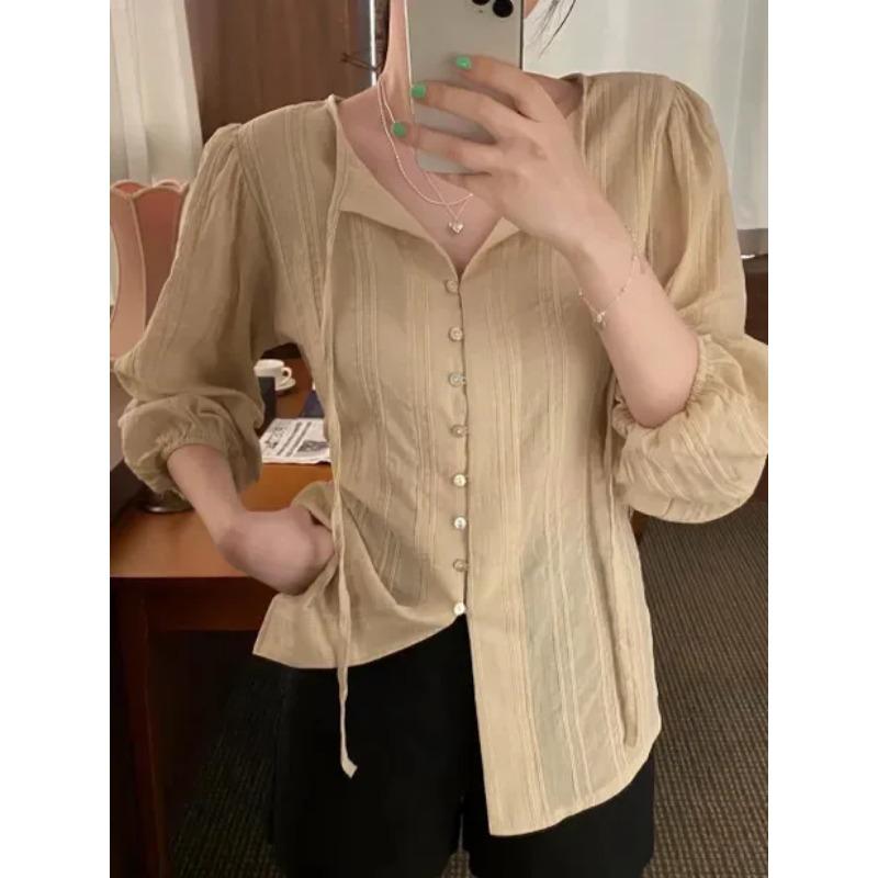 Korean Series Chic Chic Top Women Autumn French Sle Gentle Sweet Temperament Lapel Lace-up Waist Hugging Slimming Long Sleeve