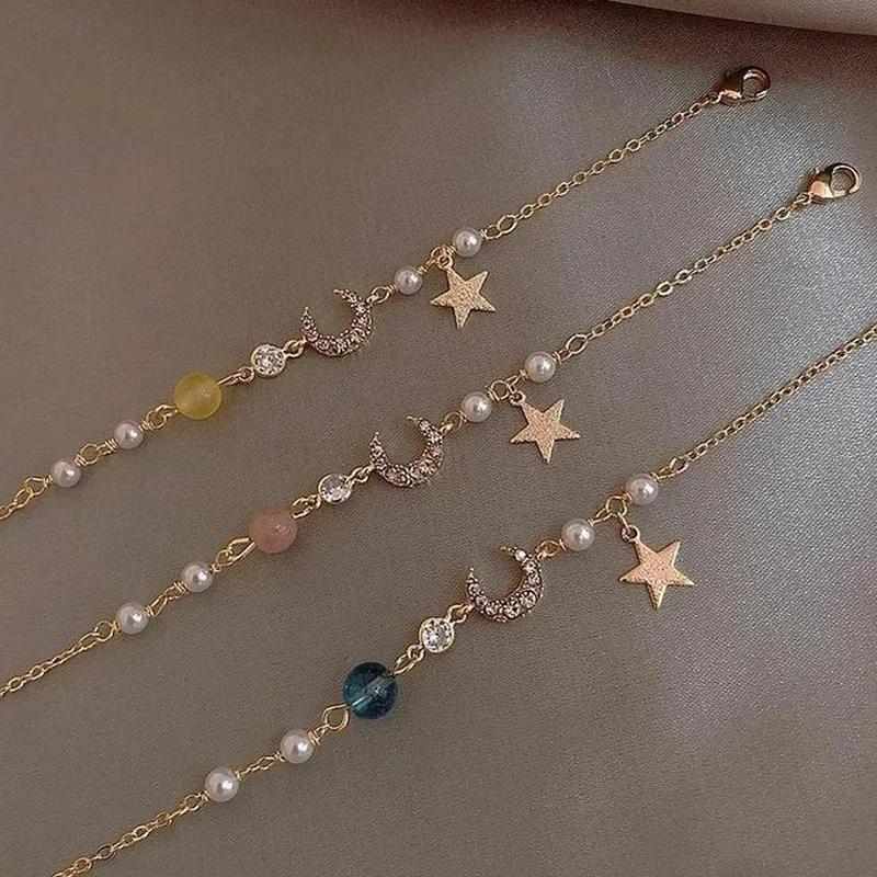 Fashion Creative Gifts Japan Korea Star Moon Bracelet For Women Pink Crystal Pearl Chain Bracelet Jewelry Accessories Party Gift