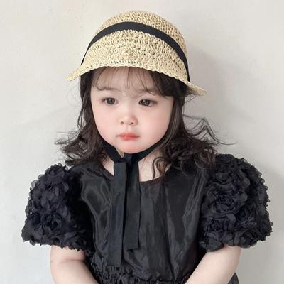 Cappello da Sole per Bambini Estivo con Lacci Traspirante in Paglia Cappello da Viaggio per Bambini e Bambine